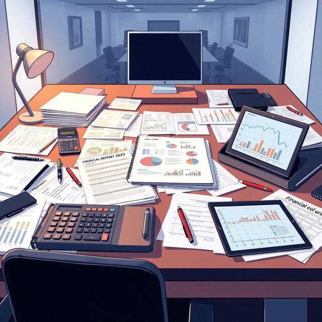 A detailed illustration of an accounting audit workspace without any people present