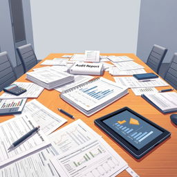 A detailed illustration of an accounting audit workspace without any people present