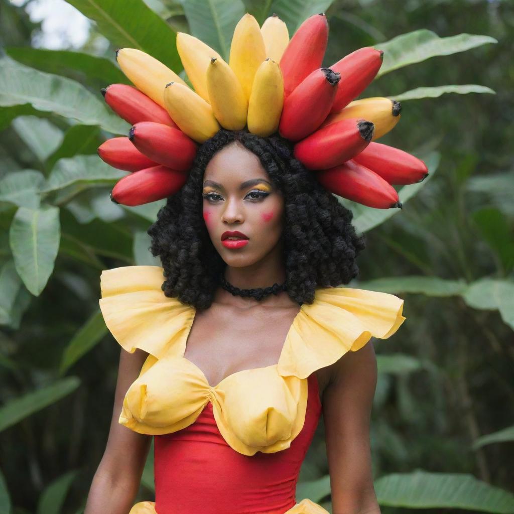 A wearable costume inspired by the gorgeous Ackee fruit, embodying its red skin, yellow flesh and black seeds.