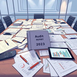 A detailed illustration of an accounting audit workspace without any people present