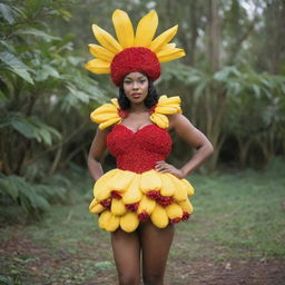 A wearable costume inspired by the gorgeous Ackee fruit, embodying its red skin, yellow flesh and black seeds.