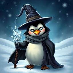 A whimsical depiction of a penguin dressed as a mage, complete with a flowing robe and a tall, pointed hat