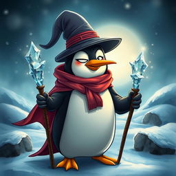 A whimsical depiction of a penguin dressed as a mage, complete with a flowing robe and a tall, pointed hat