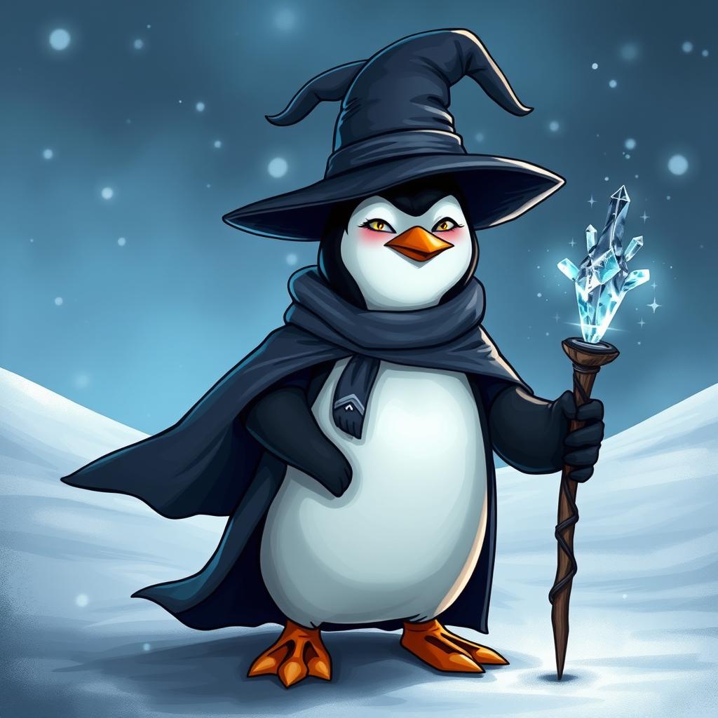 A whimsical depiction of a penguin dressed as a mage, complete with a flowing robe and a tall, pointed hat