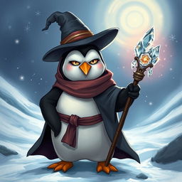 A whimsical depiction of a penguin dressed as a mage, complete with a flowing robe and a tall, pointed hat