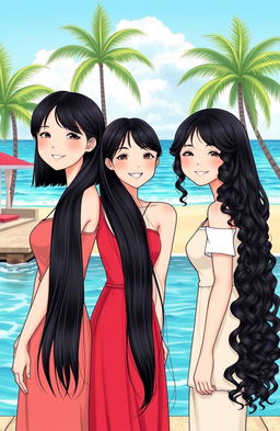 An illustration of three beautiful Korean women as friends since childhood, showcasing their unique hairstyles: one with shoulder-length hair, one with long straight hair, and one with long curly hair