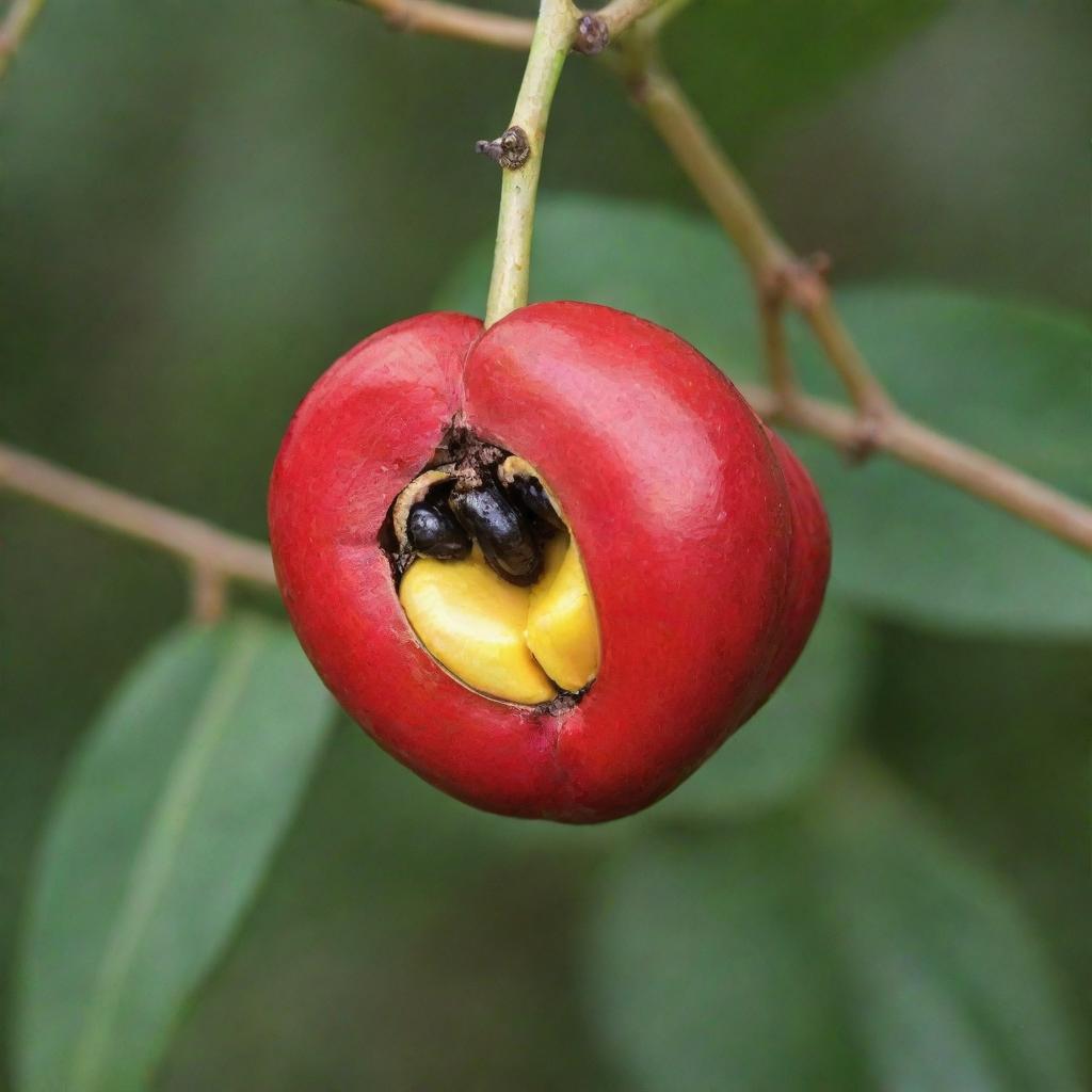 A vividly colored Ackee fruit, the national fruit of Jamaica, showcasing its unique red exterior, soft yellow interior segments and black seeds.