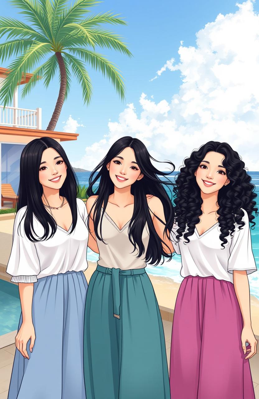 An illustration of three beautiful Korean women as friends since childhood, showcasing their unique hairstyles: one with shoulder-length hair, one with long straight hair, and one with long curly hair