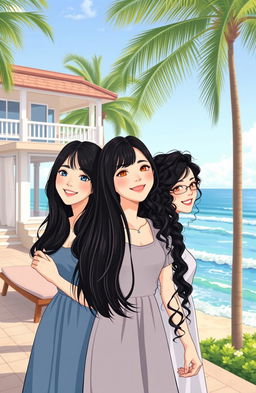 An illustration of three beautiful Korean women as friends since childhood, showcasing their unique hairstyles: one with shoulder-length hair, one with long straight hair, and one with long curly hair