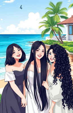 An illustration of three beautiful Korean women as friends since childhood, showcasing their unique hairstyles: one with shoulder-length hair, one with long straight hair, and one with long curly hair