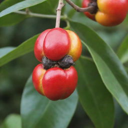 A vividly colored Ackee fruit, the national fruit of Jamaica, showcasing its unique red exterior, soft yellow interior segments and black seeds.