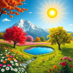 A vivid scene illustrating the four seasons: snow-capped mountains in the background, a vibrant field of blooming flowers representing spring on one side, and lush fruit trees showcasing autumn's colors on the other