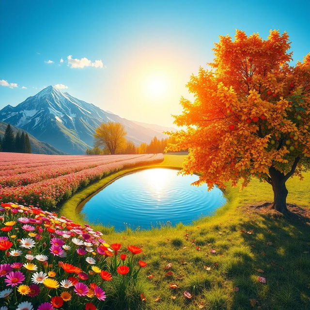A vivid scene illustrating the four seasons: snow-capped mountains in the background, a vibrant field of blooming flowers representing spring on one side, and lush fruit trees showcasing autumn's colors on the other