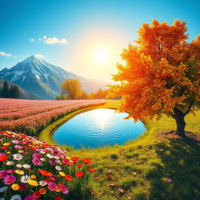 A vivid scene illustrating the four seasons: snow-capped mountains in the background, a vibrant field of blooming flowers representing spring on one side, and lush fruit trees showcasing autumn's colors on the other