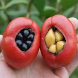 A vividly colored Ackee fruit, the national fruit of Jamaica, showcasing its unique red exterior, soft yellow interior segments and black seeds.