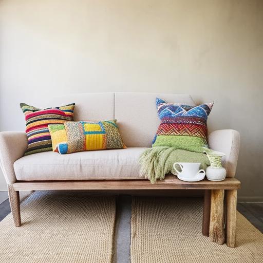 Create an image of a comfortable beige-grey sofa adorned with colorful throw pillows next to a rustic wooden tea table