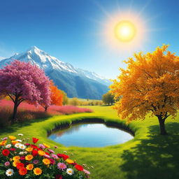 A vivid scene illustrating the four seasons: snow-capped mountains in the background, a vibrant field of blooming flowers representing spring on one side, and lush fruit trees showcasing autumn's colors on the other