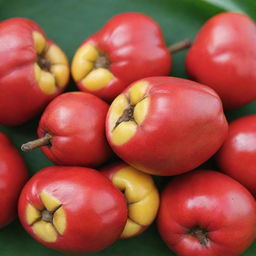 A vividly colored Ackee fruit, the national fruit of Jamaica, showcasing its unique red exterior, soft yellow interior segments and black seeds.