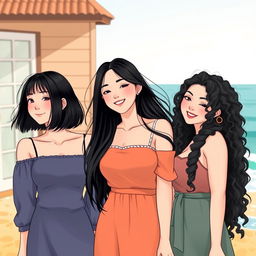 An illustration of three beautiful Korean women as friends since childhood, featuring distinct hairstyles: one with shoulder-length hair, one with long straight hair, and one with long curly hair