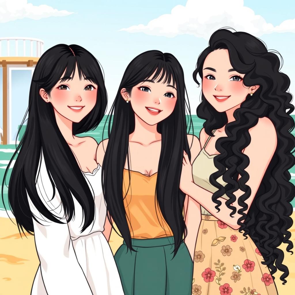 An illustration of three beautiful Korean women as friends since childhood, featuring distinct hairstyles: one with shoulder-length hair, one with long straight hair, and one with long curly hair