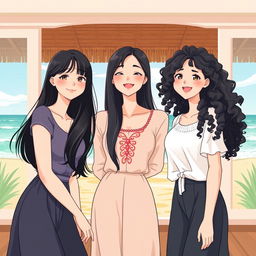 An illustration of three beautiful Korean women as friends since childhood, featuring distinct hairstyles: one with shoulder-length hair, one with long straight hair, and one with long curly hair