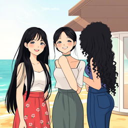 An illustration of three beautiful Korean women as friends since childhood, featuring distinct hairstyles: one with shoulder-length hair, one with long straight hair, and one with long curly hair