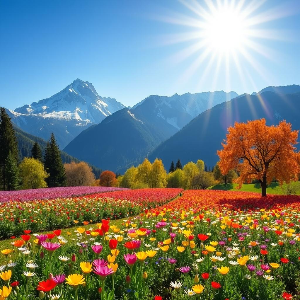 An enchanting scene depicting the four seasons: majestic snow-capped mountains in the background, a vibrant field of blooming flowers representing spring in the foreground, and autumn's fruit-bearing trees displayed in the mid-ground