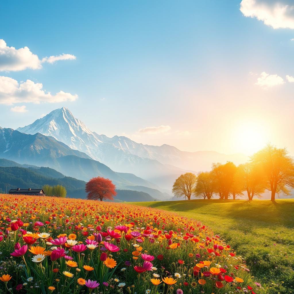 An enchanting scene depicting the four seasons: majestic snow-capped mountains in the background, a vibrant field of blooming flowers representing spring in the foreground, and autumn's fruit-bearing trees displayed in the mid-ground