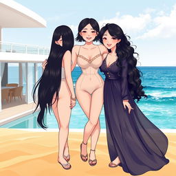 An illustration featuring three beautiful Korean women in full body, celebrating their friendship since childhood