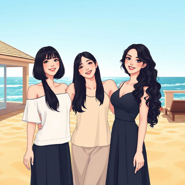 An illustration featuring three beautiful Korean women in full body, celebrating their friendship since childhood