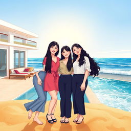 An illustration featuring three beautiful Korean women in full body, celebrating their friendship since childhood