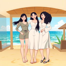 An illustration featuring three beautiful Korean women in full body, celebrating their friendship since childhood