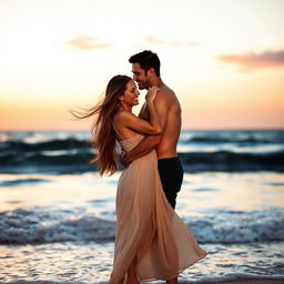 An intimate and romantic scene featuring a couple embracing in a beautiful sunset setting on the beach