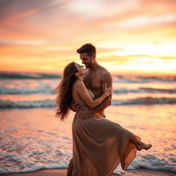 An intimate and romantic scene featuring a couple embracing in a beautiful sunset setting on the beach