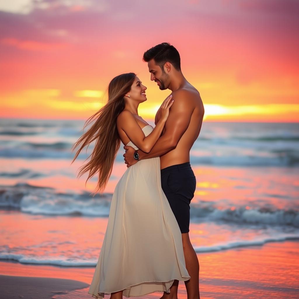 An intimate and romantic scene featuring a couple embracing in a beautiful sunset setting on the beach