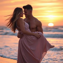 An intimate and romantic scene featuring a couple embracing in a beautiful sunset setting on the beach