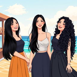 An illustration of three beautiful Korean women, embodying a spirit of friendship since childhood