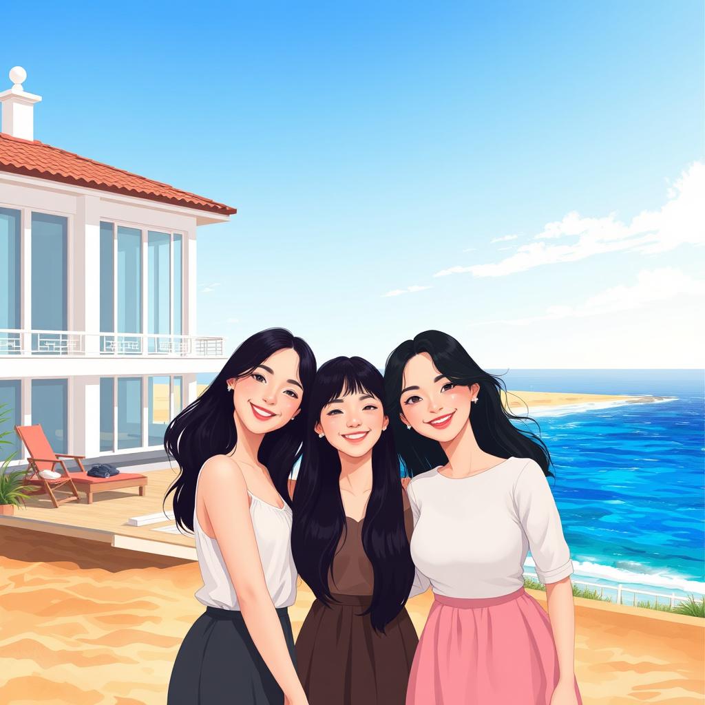 An illustration of three beautiful Korean women, embodying a spirit of friendship since childhood