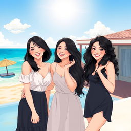 An illustration of three beautiful Korean women, embodying a spirit of friendship since childhood