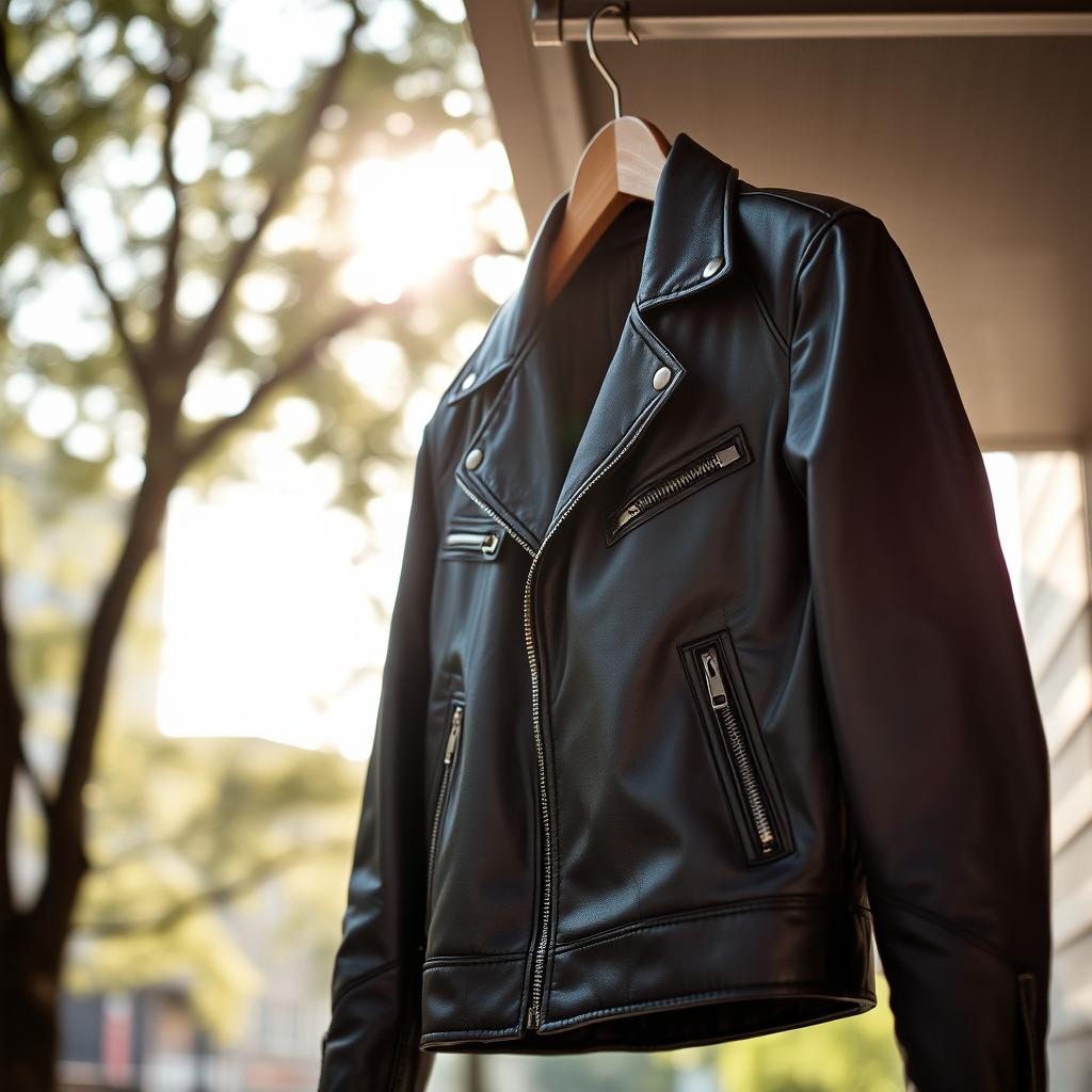 A stylish, modern jacket hanging on a wooden hanger against a soft-focus urban backdrop