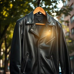 A stylish, modern jacket hanging on a wooden hanger against a soft-focus urban backdrop