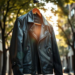 A stylish, modern jacket hanging on a wooden hanger against a soft-focus urban backdrop