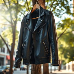 A stylish, modern jacket hanging on a wooden hanger against a soft-focus urban backdrop