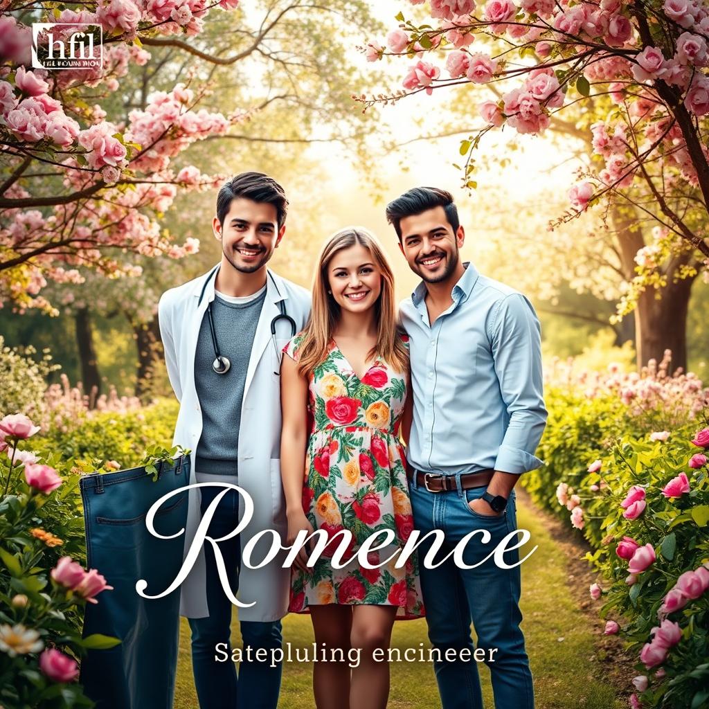 A romantic book cover featuring a beautiful girl in the center with two boys on either side