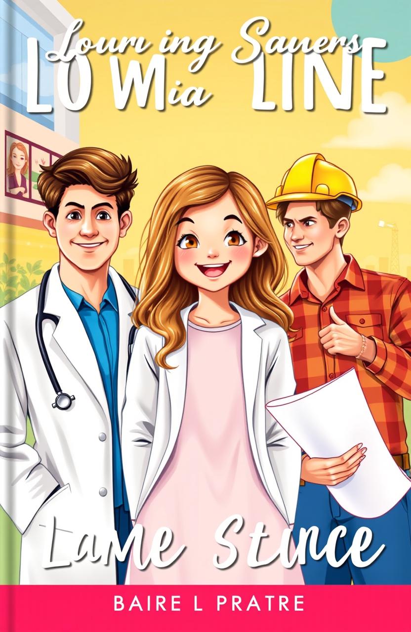 A vibrant and charming book cover featuring a bubbly, cute girl with long, wavy hair and a bright smile, standing in the center