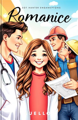 A vibrant and charming book cover featuring a bubbly, cute girl with long, wavy hair and a bright smile, standing in the center