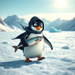 A mischievous rogue penguin, clad in a small, dark cloak and a tiny mask, sneaking across an icy landscape