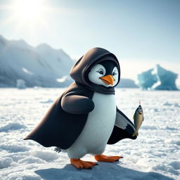 A mischievous rogue penguin, clad in a small, dark cloak and a tiny mask, sneaking across an icy landscape