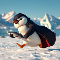 A mischievous rogue penguin, clad in a small, dark cloak and a tiny mask, sneaking across an icy landscape