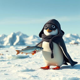 A mischievous rogue penguin, clad in a small, dark cloak and a tiny mask, sneaking across an icy landscape